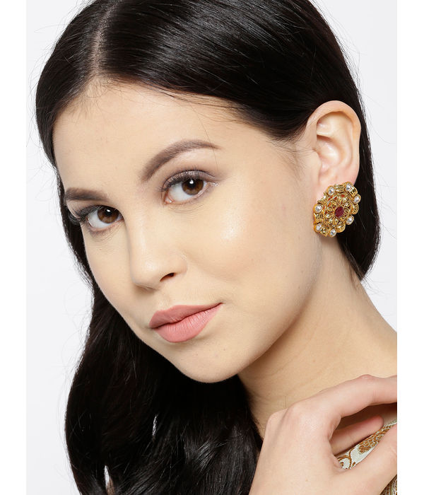 YouBella Red Gold-Plated Textured Circular Oversized Studs